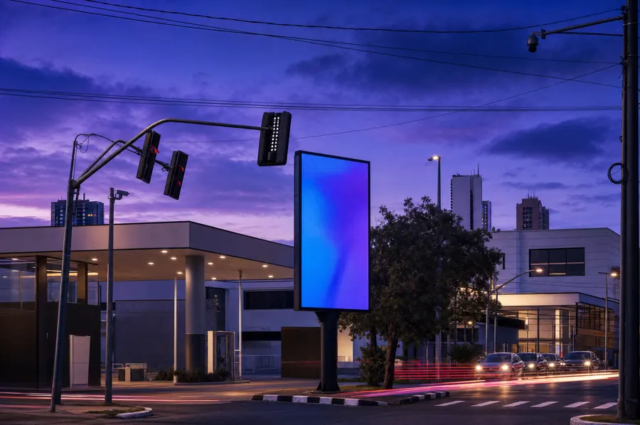 Painel Oklahoma JK em Av. Juscelino Kubitschek, 3040, ao entardecer (local real, imagem tratada)