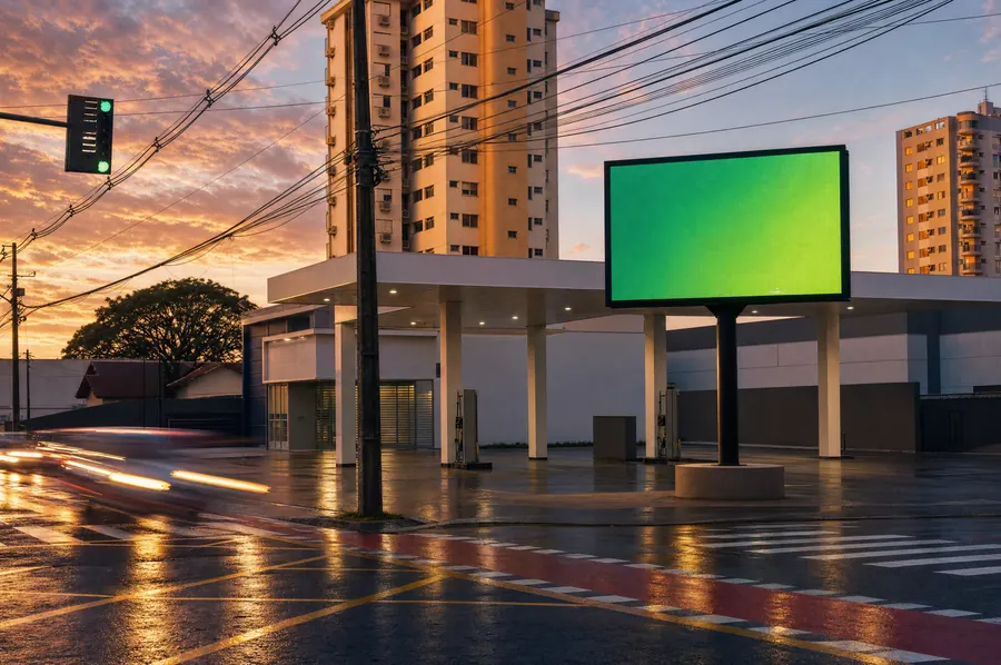 Painel Urucui Centro em Av. Jorge Schimmelpfeng, 440, ao entardecer (local real, imagem tratada)